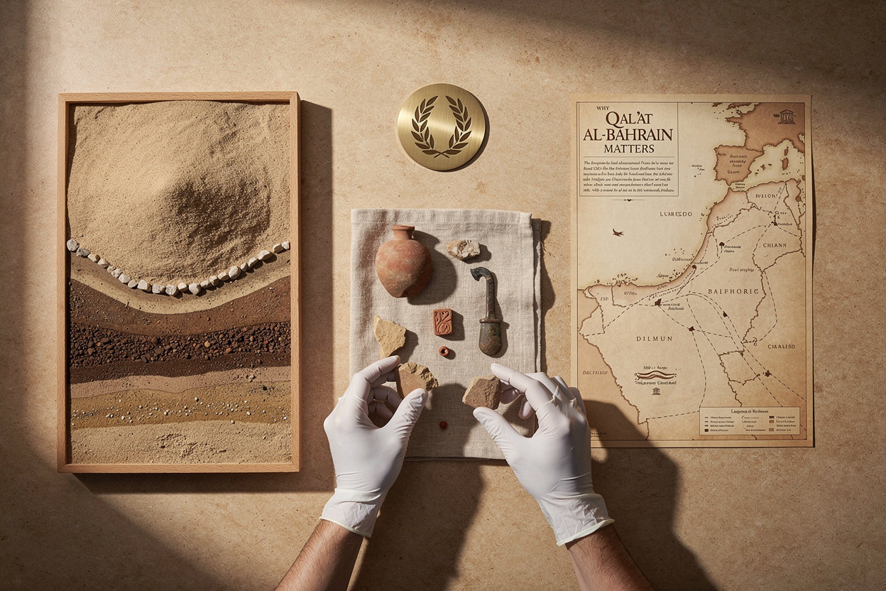 Qal'at al-Bahrain ancient tell mound and archaeological site overlooking the Arabian Gulf heritage landscape